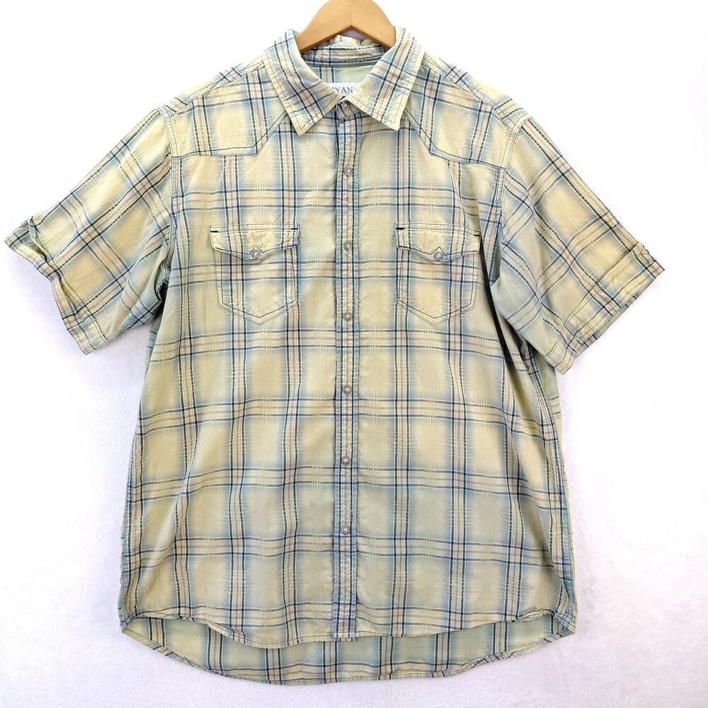 Ryan Michael Shirt Mens XL Yellow Blue Plaid SS Pearl Snap Western Cowboy Beach